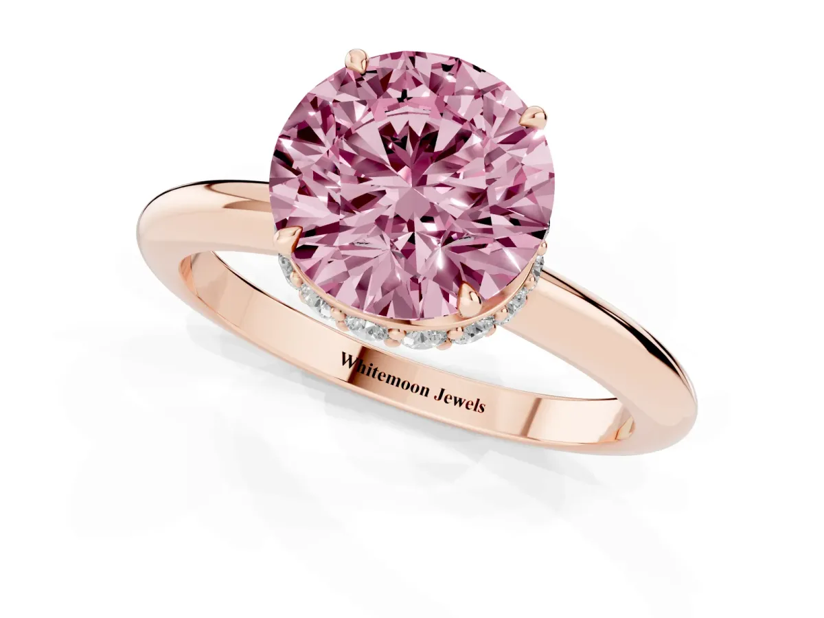 Fancy Pink Round Cut Brilliant Solitaire Engagement Ring with Six-Prong Setting and Classic Band Rose gold