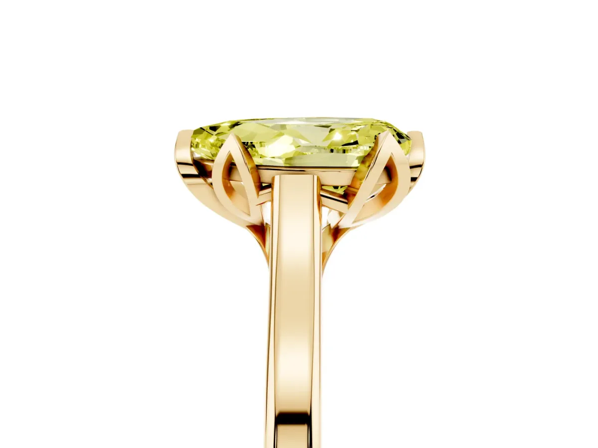 Fancy Yellow Pear Cut Diamond Solitaire Ring with Flower Prong Setting and Classic Band Yellow gold