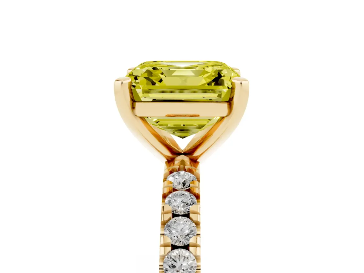 Fancy Yellow Asscher Cut Diamond Pavé Band Solitaire with Four-Prong Setting Yellow gold