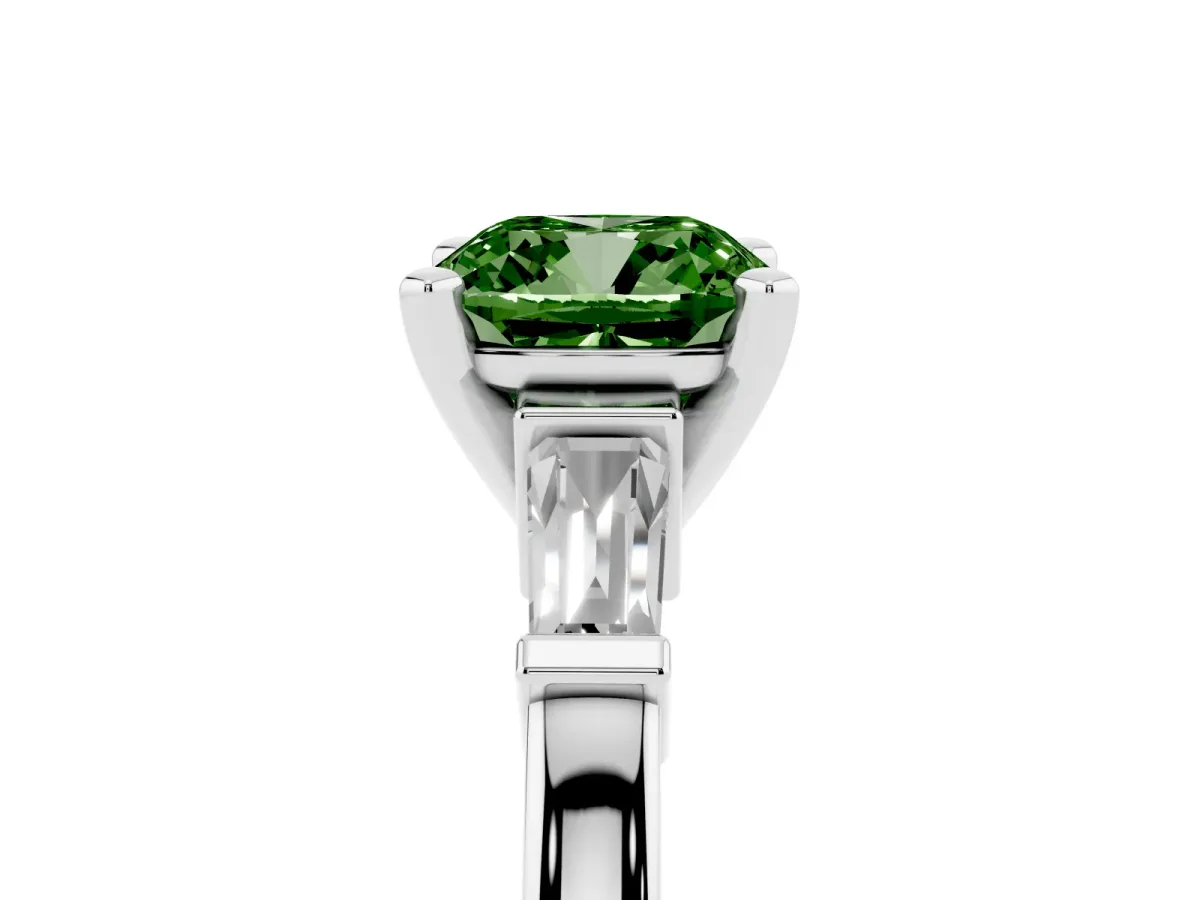 Fancy Green Cushion Cut Cut Diamond Solitaire Ring with Tapered Baguette Accents and Four-Prong Setting Silver