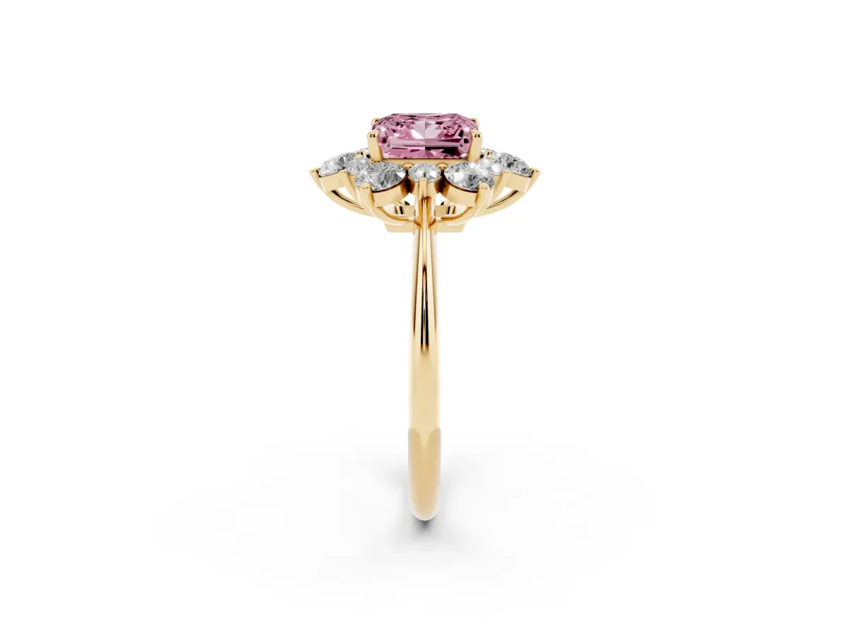 Fancy Pink Princess Cut Diamond Cluster Halo Ring with Solitaire Band and Four-Prong Setting Yellow gold
