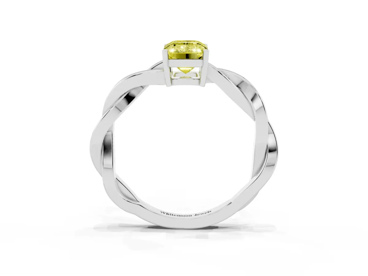 Fancy Yellow Emerald Cut Solitaire Twisted Pave Diamond Ring with Four-Prong Setting White gold