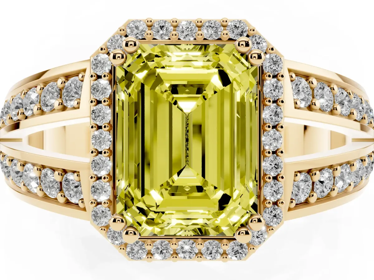 Fancy Yellow Emerald Cut Diamond Halo Ring with Split Shank Pavé Band and Four-Prong Setting Yellow gold