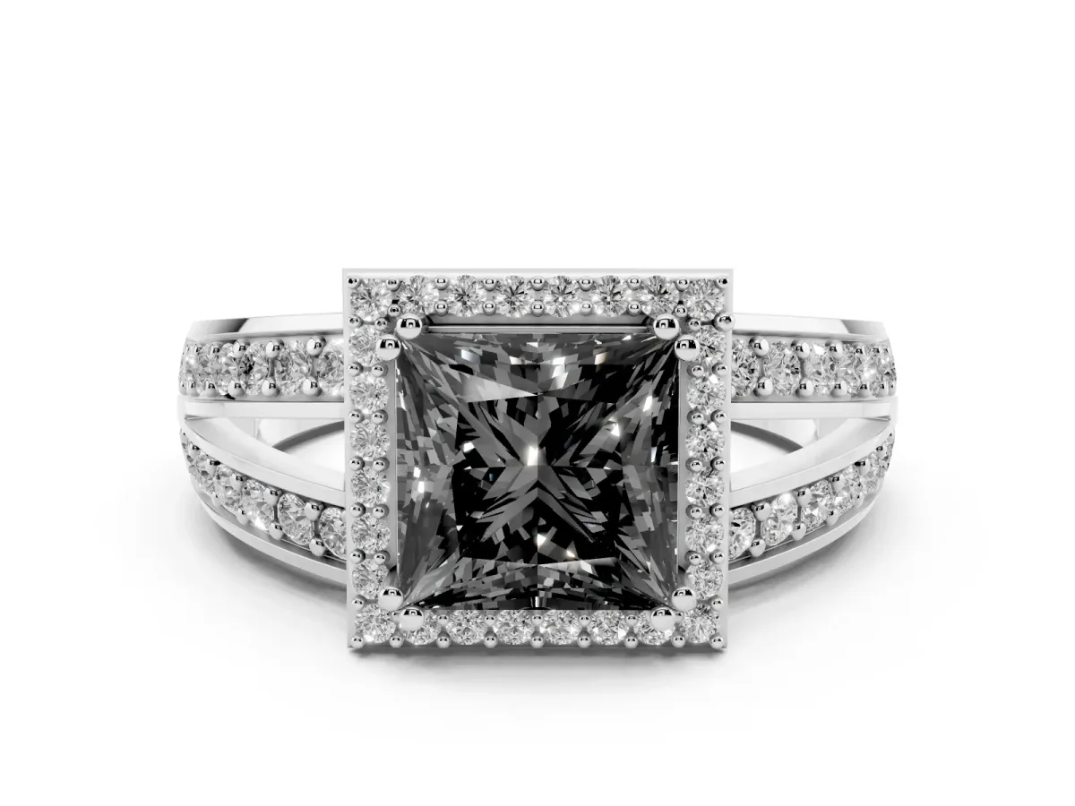 Fancy Black Princess Cut Diamond Halo Ring with Split Shank Pavé Band and Four-Prong Setting Platinum