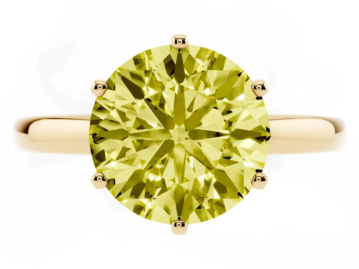 Fancy Yellow Round Cut Solitaire Diamond Ring with Six-Prong Setting on a Classic Band Yellow gold