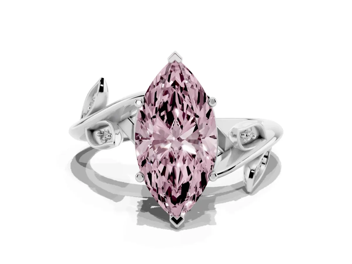 Fancy Pink Marquise Cut Solitaire Twist Engagement Ring with Leaf Accents and Prong Setting Silver