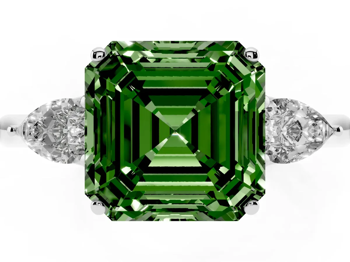 Fancy Green Asscher Cut Diamond Three-Stone Ring with Pear Side Stones and Prong Setting Silver