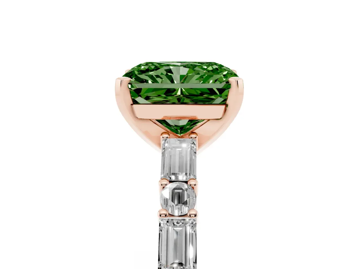 Fancy Green Radiant Cut Diamond Solitaire with Side Baguettes and Channel Set Band Rose gold