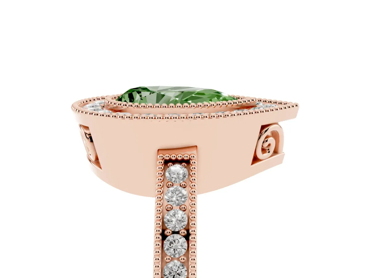 Fancy Green Pear Cut Cut Halo Diamond Ring with Pavé Band and Milgrain Prong Setting Rose gold