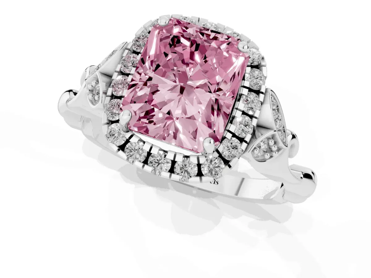 Fancy Pink Radiant Cut Halo Diamond Engagement Ring with Vintage-Inspired Band and Four-Prong Setting Platinum
