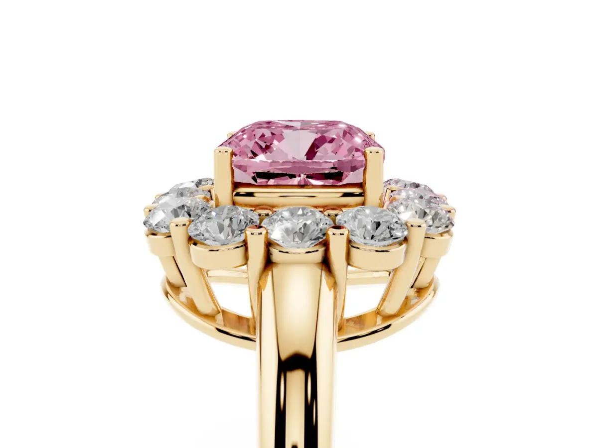 Fancy Pink Cushion Cut Halo Cluster Diamond Engagement Ring with Prong Setting and Polished Band Yellow gold