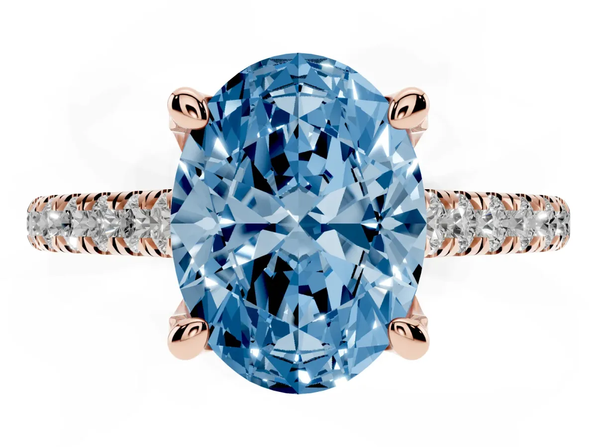 Fancy Blue Oval Cut Brilliant Diamond Solitaire with Pavé Band and Four-Prong Setting Rose gold