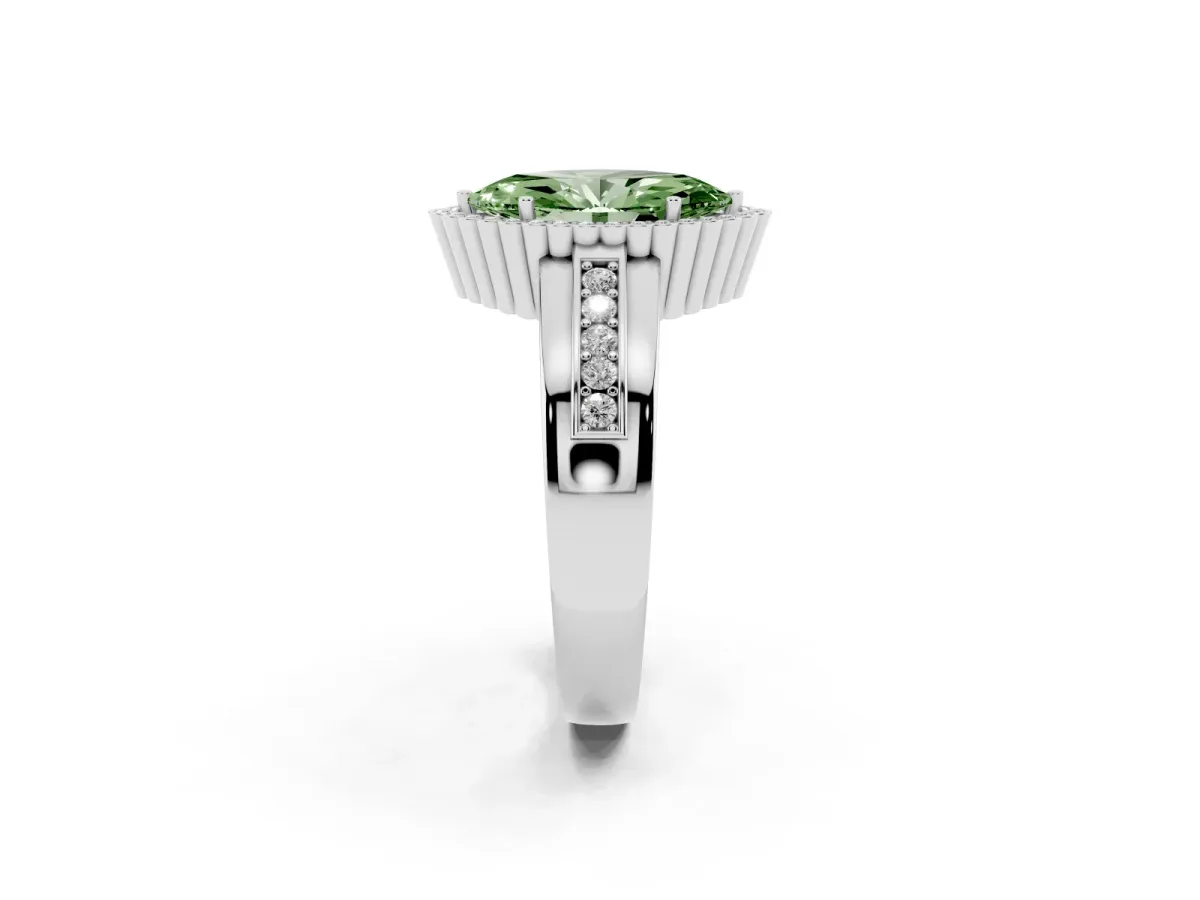 Fancy Green Marquise Cut Cut Halo Pave Band Four-Prong Ring Silver