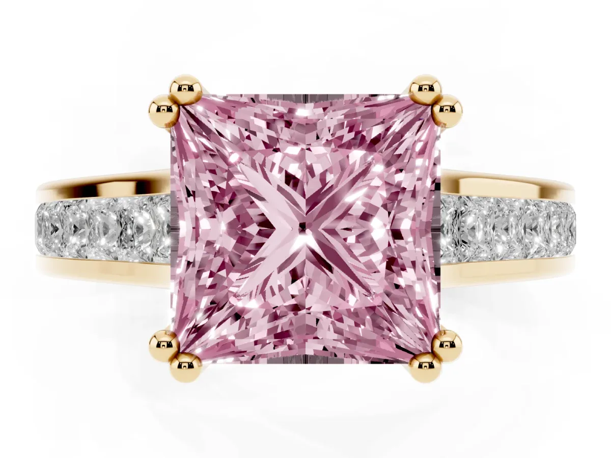 Fancy Pink Princess Cut Cut Channel Set Solitaire Engagement Ring with Prong Setting Yellow gold