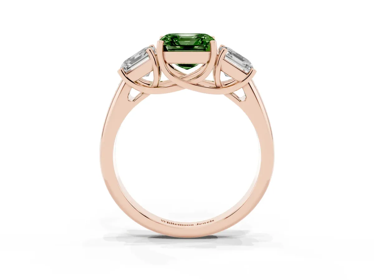 Fancy Green Three-Stone Asscher Cut Diamond Engagement Ring with Prong Setting Rose gold