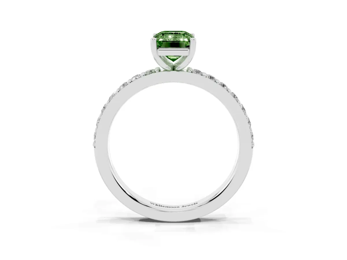 Fancy Green Emerald Cut Cut Diamond Solitaire with Pave Band and Four-Prong Setting Silver