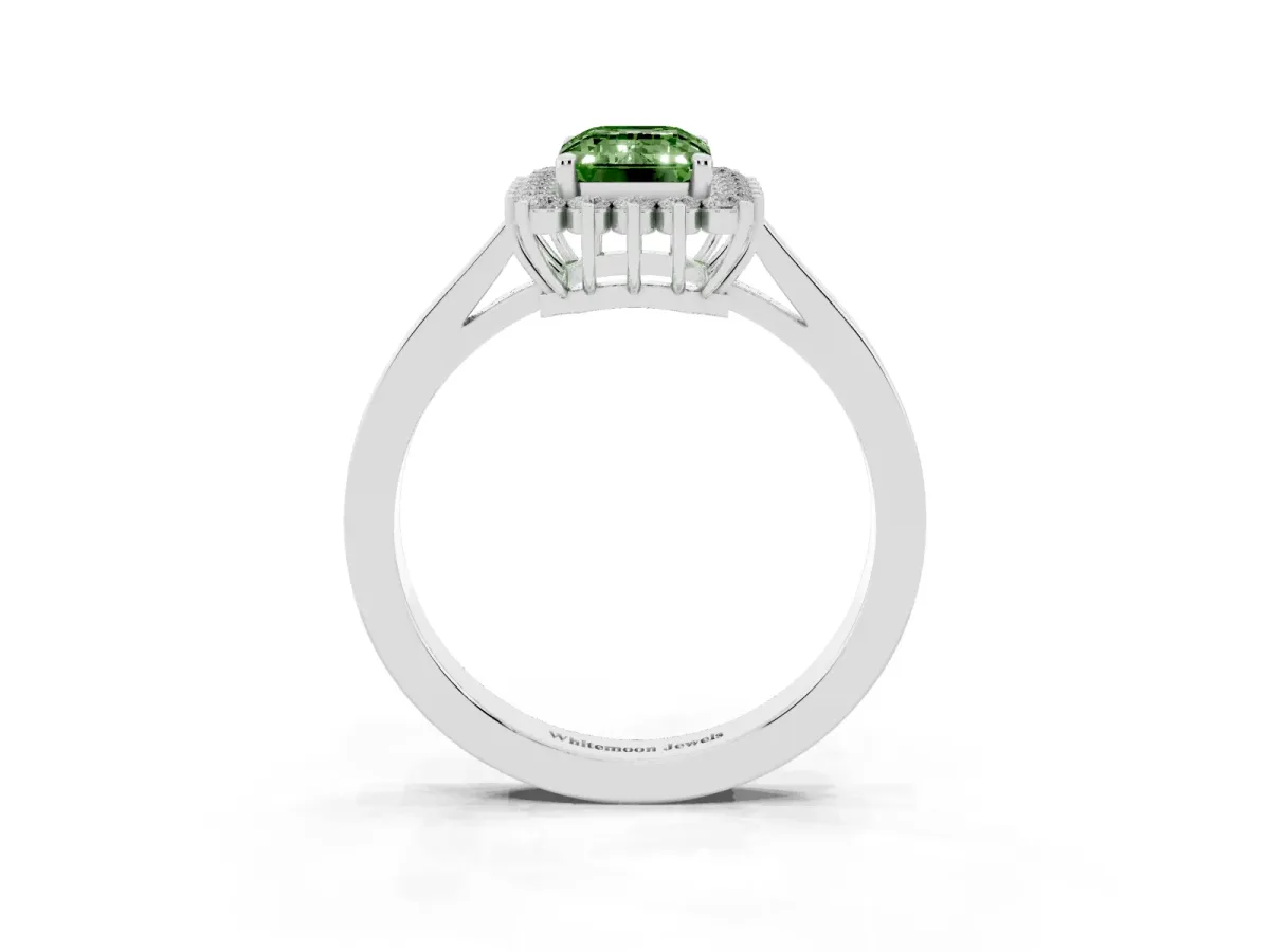 Fancy Green Emerald Cut Cut Diamond Halo Ring with Round Brilliant Halo and Solitaire Band White gold