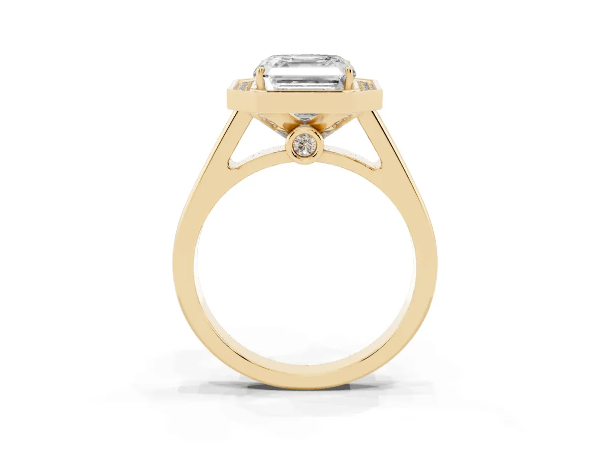 Asscher Cut Halo Solitaire Diamond Ring with Pave Band and Bezel Setting Yellow gold