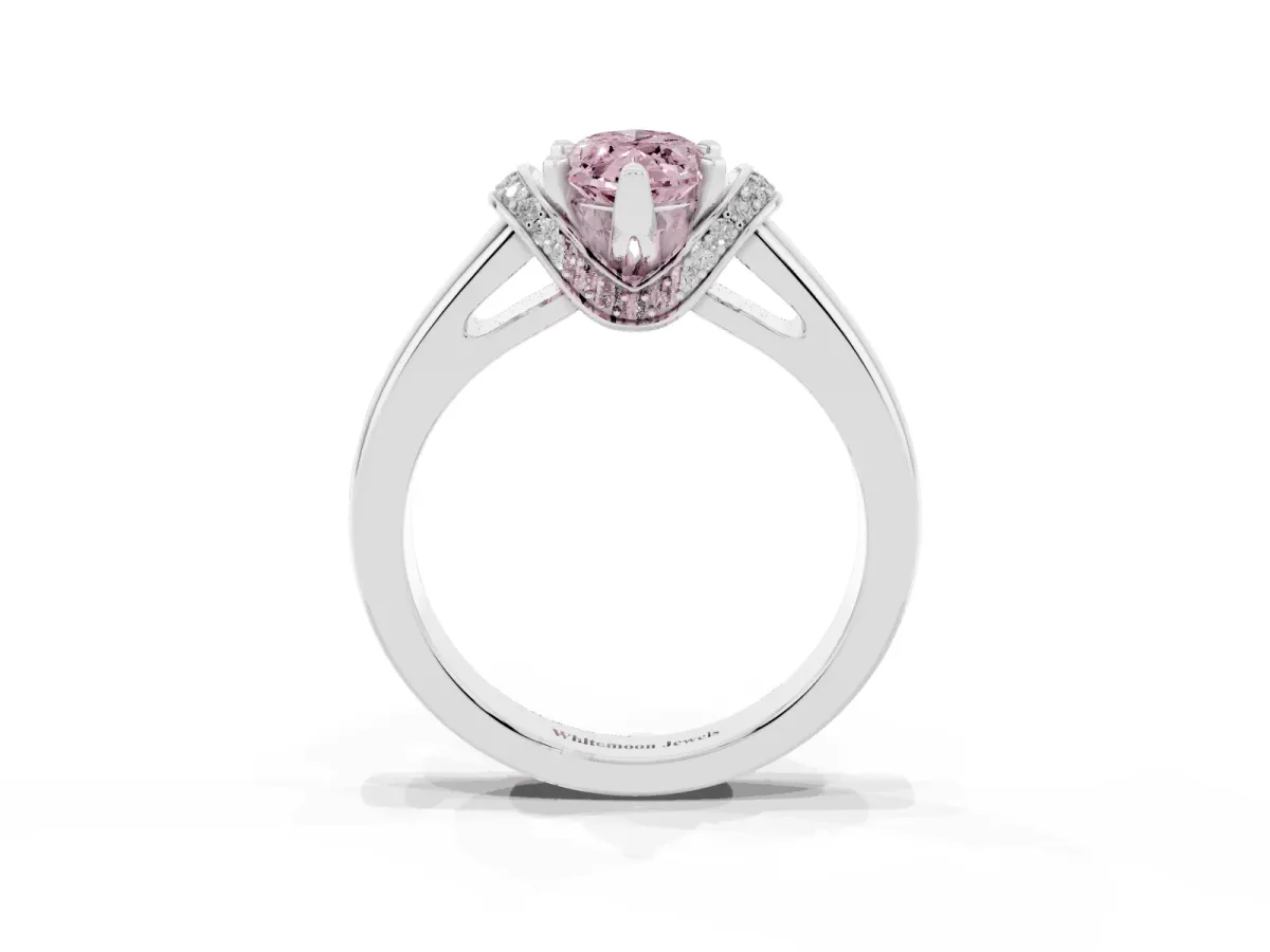 Fancy Pink Marquise Cut Solitaire Diamond Ring with Pave Band and Six-Prong Setting Platinum