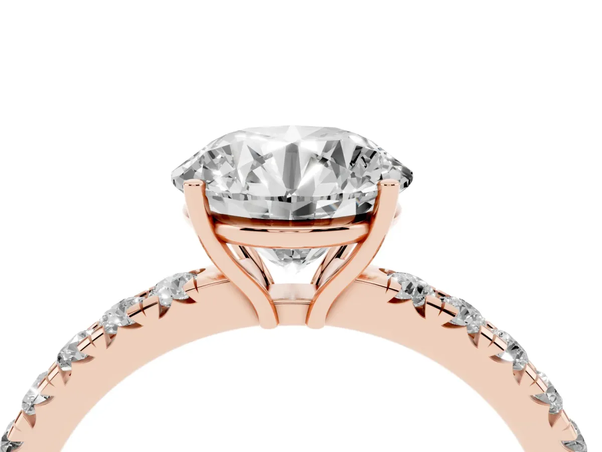 Round Cut Diamond Pavé Solitaire Engagement Ring with Four-Prong Setting Rose gold