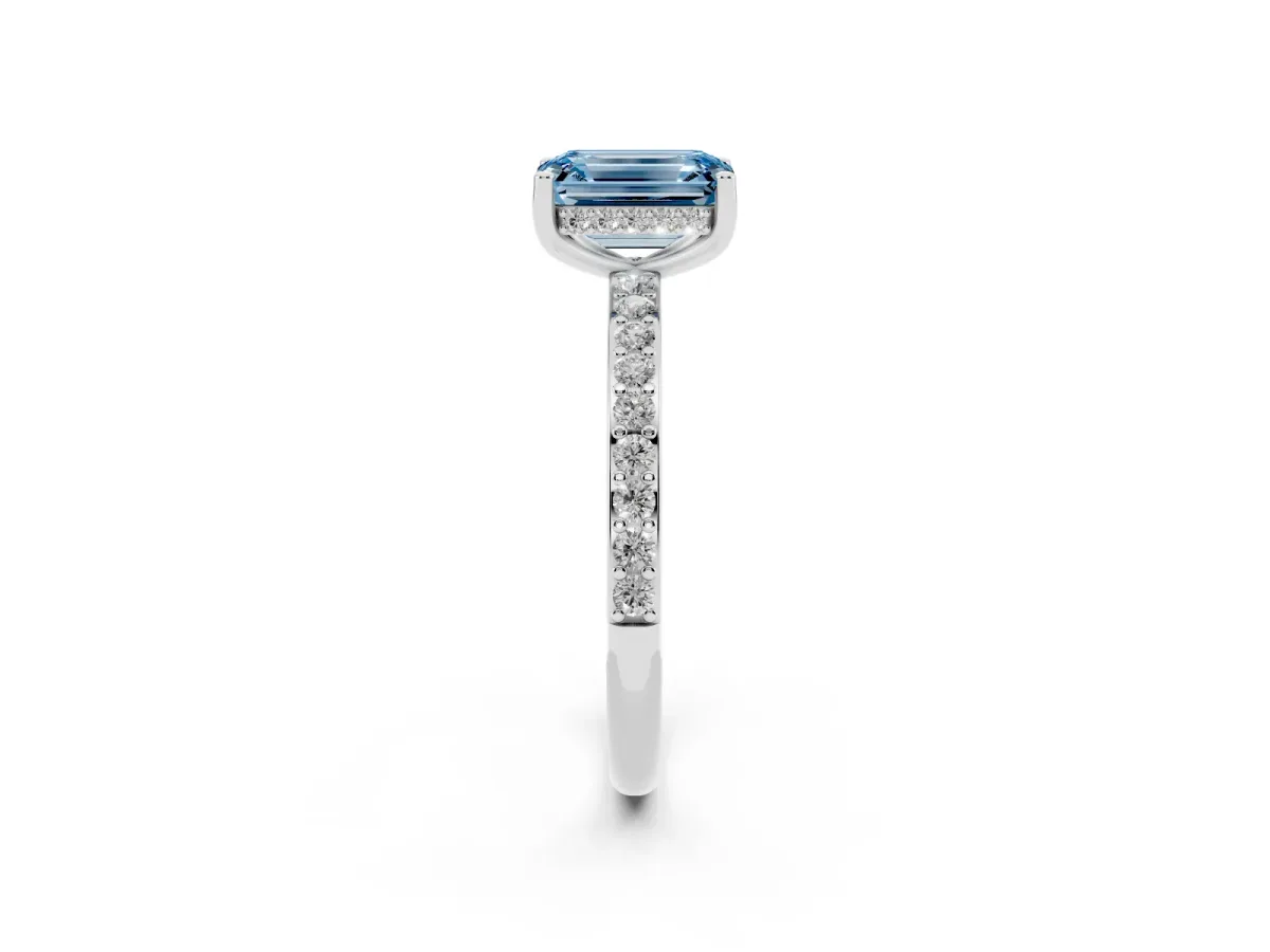 Fancy Blue Emerald Cut Cut Diamond Pavé Band Ring with Four-Prong Setting Platinum