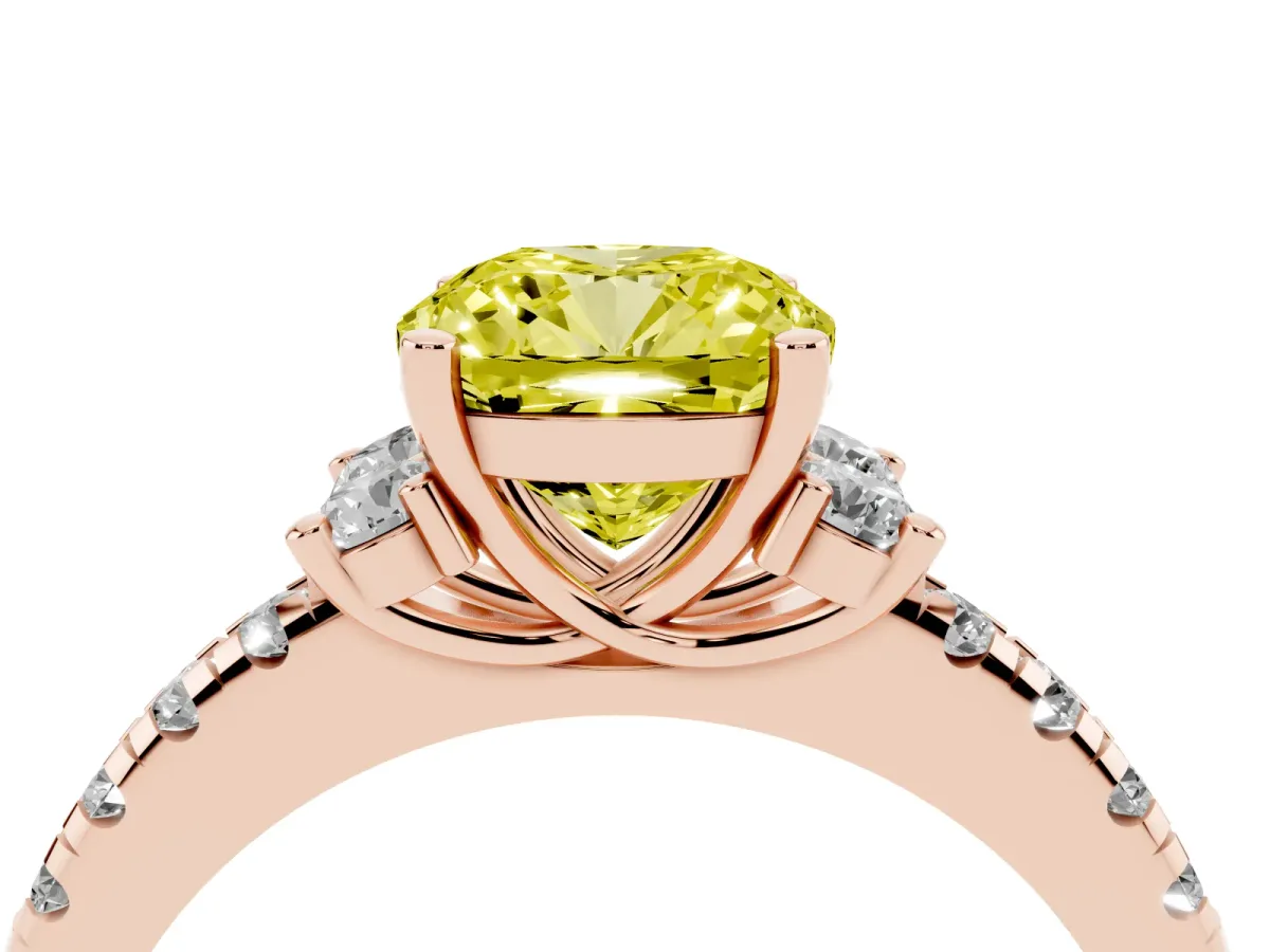 Fancy Yellow Cushion Cut Diamond Three-Stone Pave Band with Four-Prong Setting Rose gold