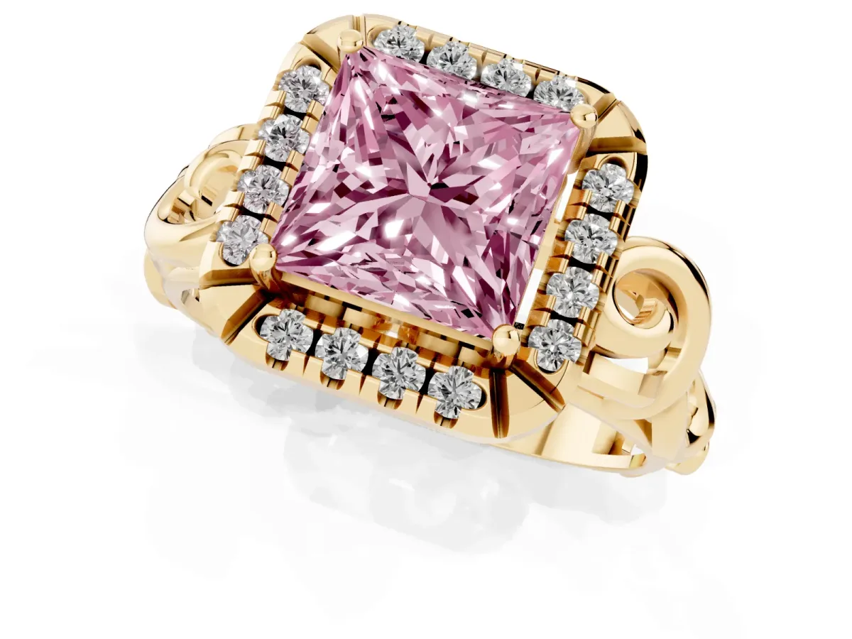 Fancy Pink Princess Cut Cut Halo Diamond Ring with Scrollwork Band and Four-Prong Setting Yellow gold