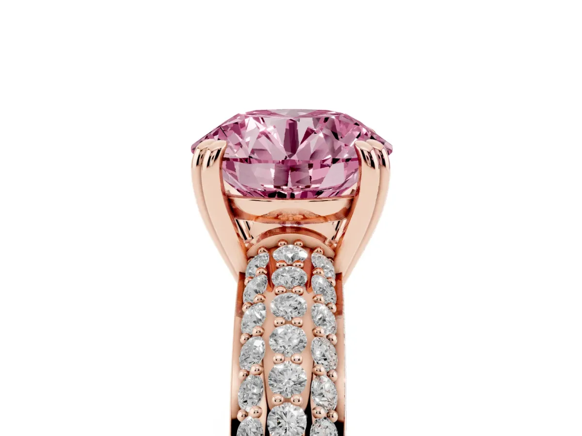 Fancy Pink Round Cut Diamond Solitaire Ring with Multi-Row Round Pavé Band and Prong Setting Rose gold