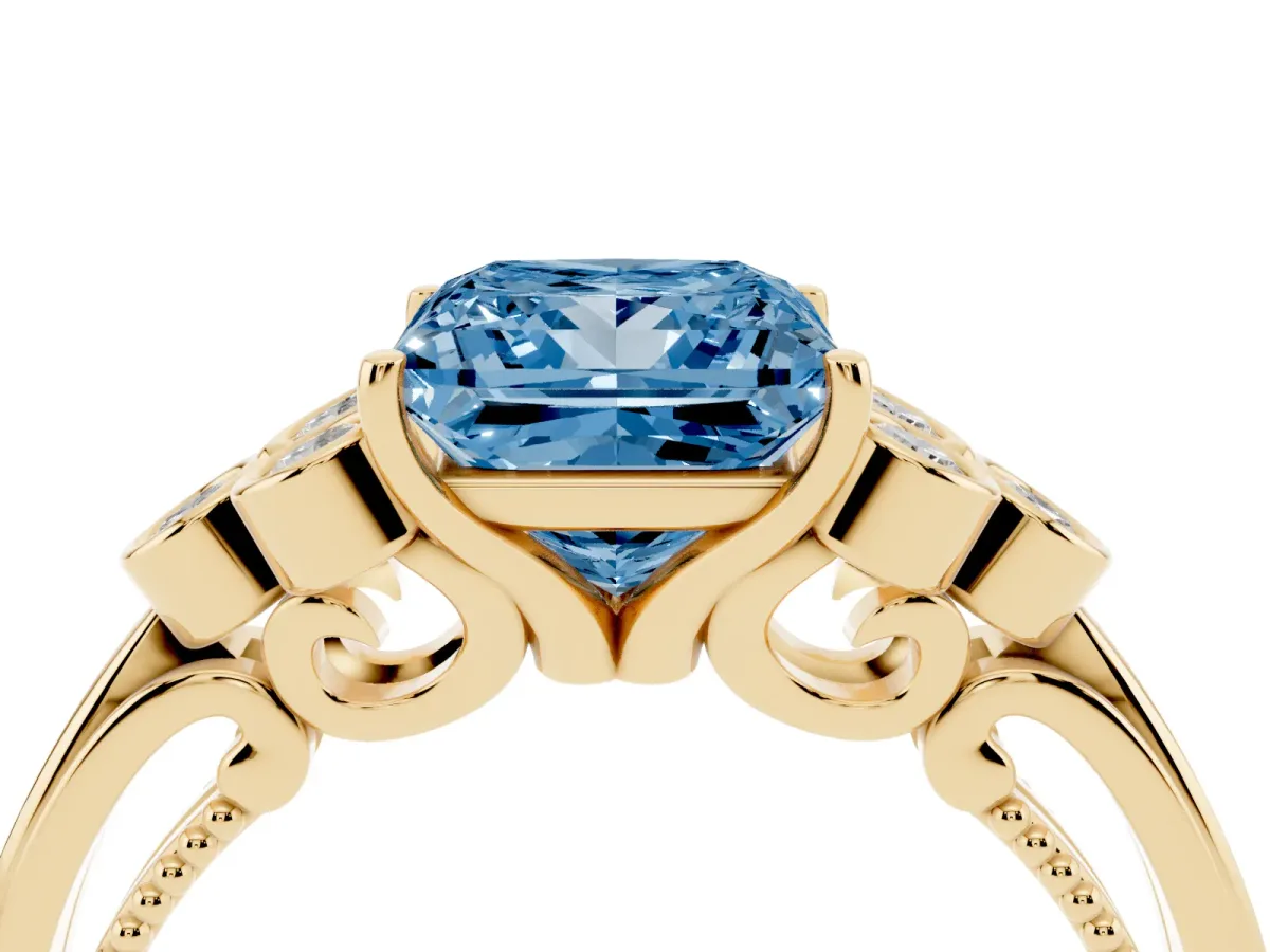 Fancy Blue Princess Cut Cut Diamond Engagement Ring with Bezel Set Round Side Stones and Prong Setting Yellow gold
