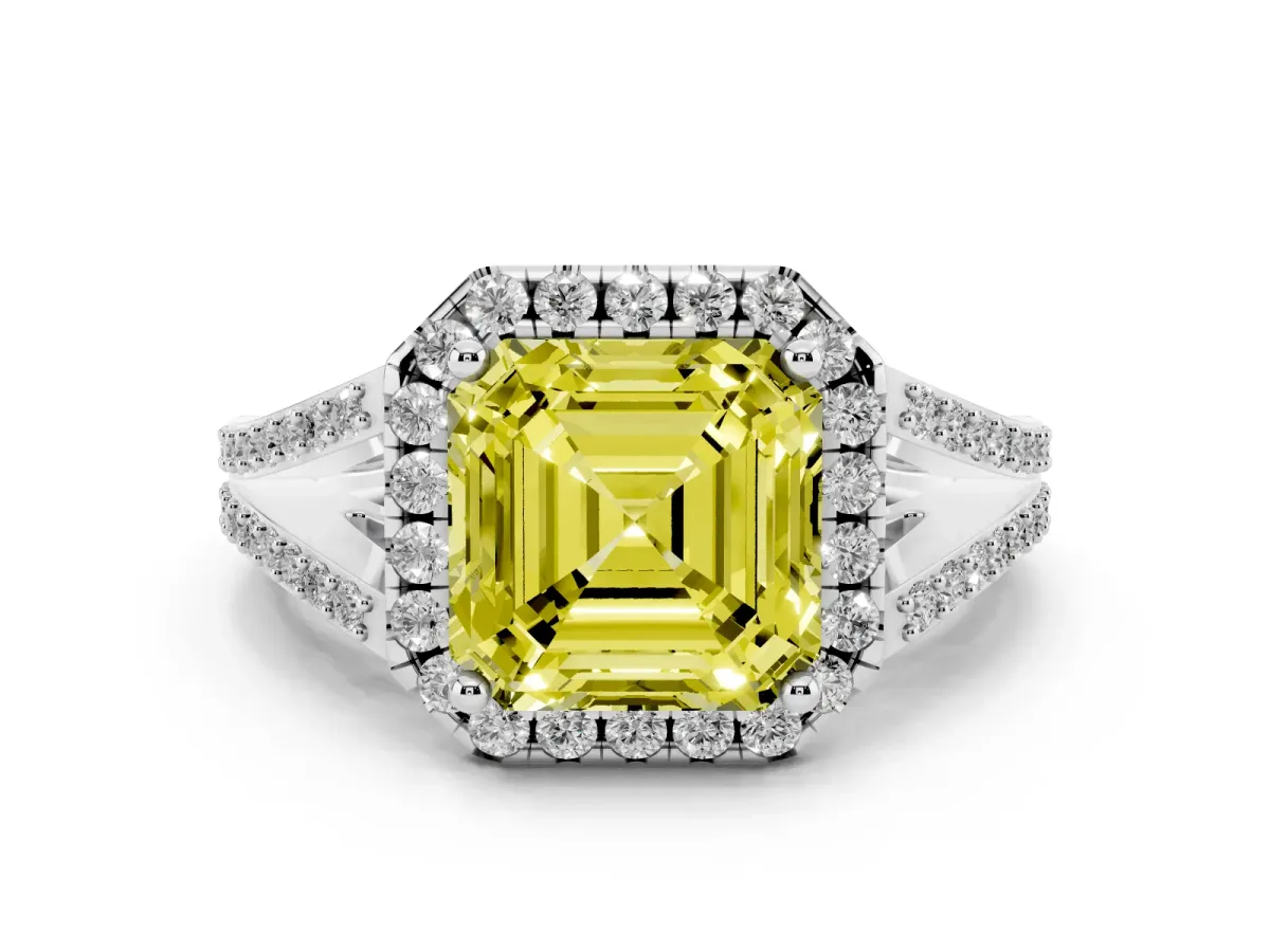 Fancy Yellow Asscher Cut Halo Split Shank Diamond Ring with Prong Setting Silver