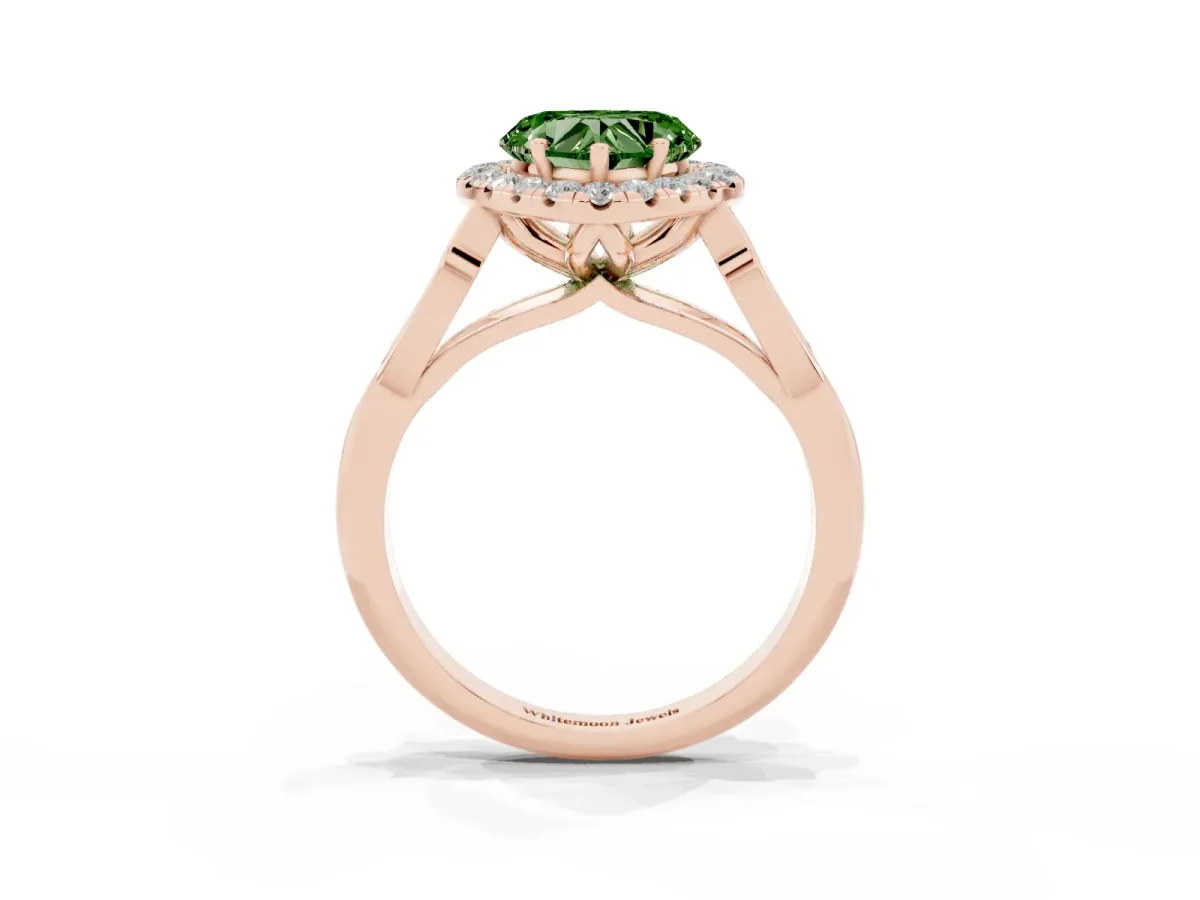 Fancy Green Heart Cut Halo Diamond Engagement Ring with Filigree Band and Four-Prong Setting Rose gold