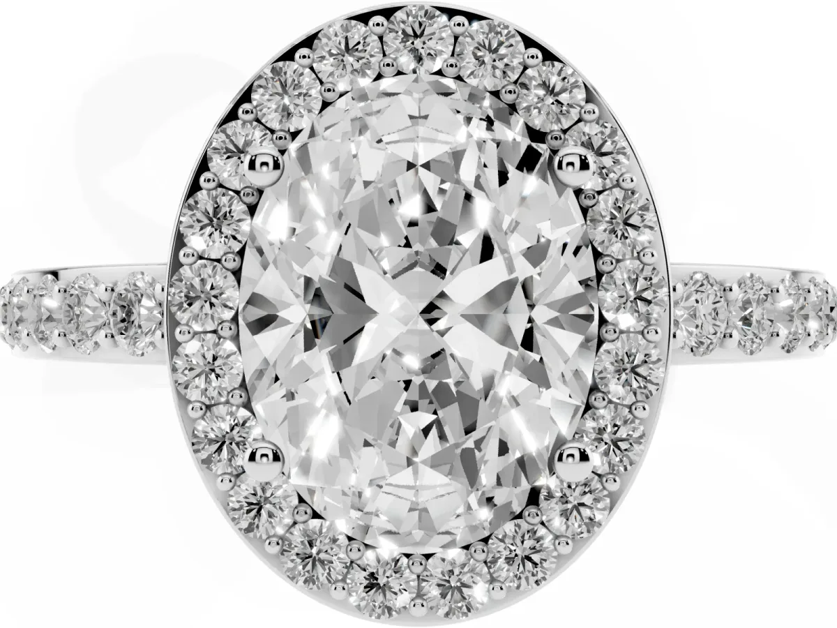 Oval Cut Halo Diamond Pavé Band Ring with Prong Setting Silver