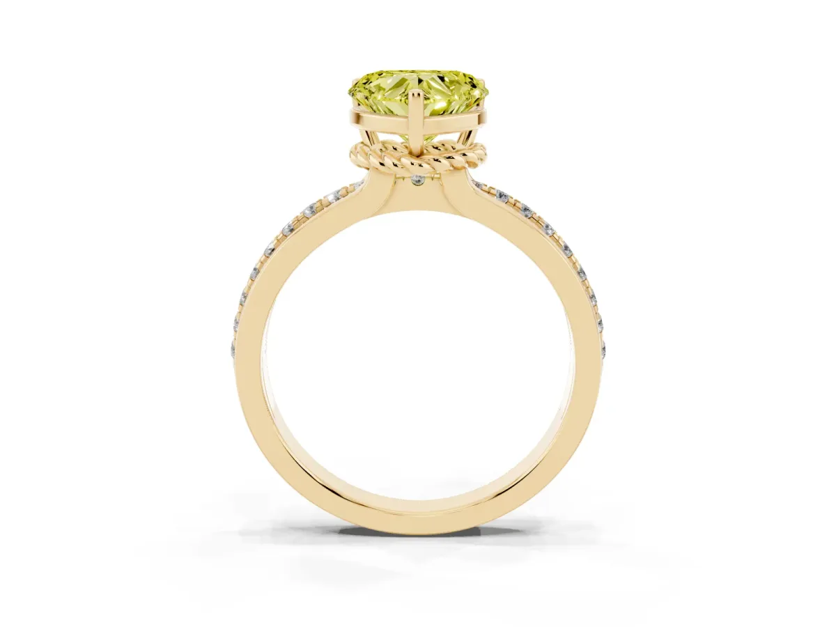 Fancy Yellow Heart Cut Solitaire Diamond Ring with Channel Set Band and Six-Prong Setting Yellow gold