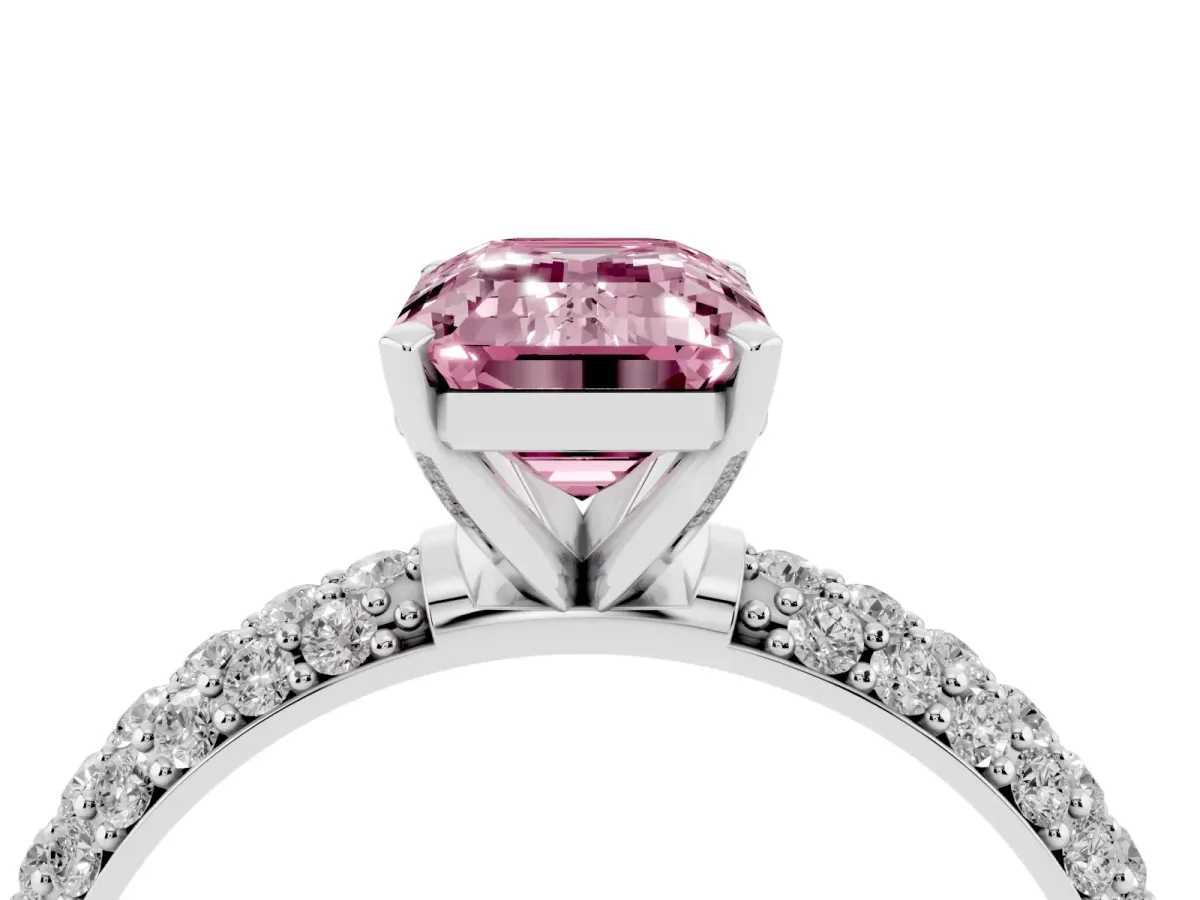 Fancy Pink Emerald Cut Diamond Solitaire Ring with Prong Setting and Pavé Band Silver
