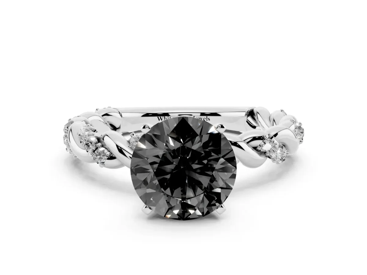 Fancy Black Round Cut Diamond Solitaire Ring with Twisted Band and Pavé Accents Platinum