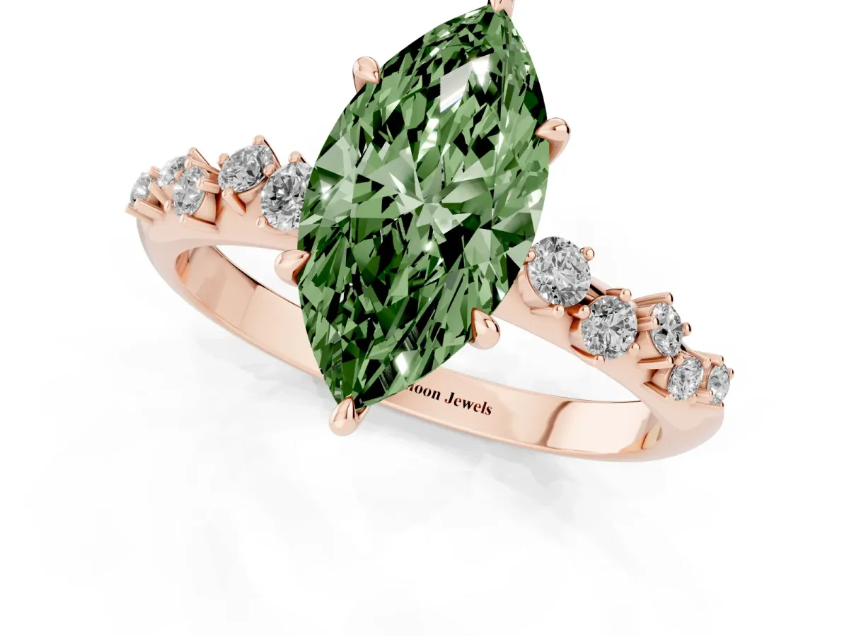 Fancy Green Marquise Cut Diamond Cluster Side Stone Solitaire Ring with Prong Setting Rose gold
