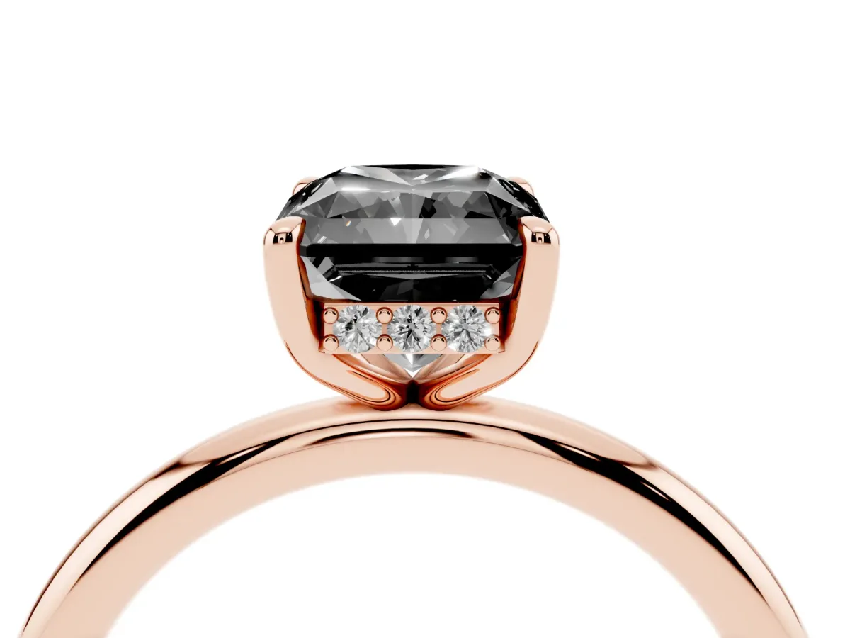Fancy Black Radiant Cut Diamond Solitaire Ring with Thin Band and Four-Prong Setting Rose gold