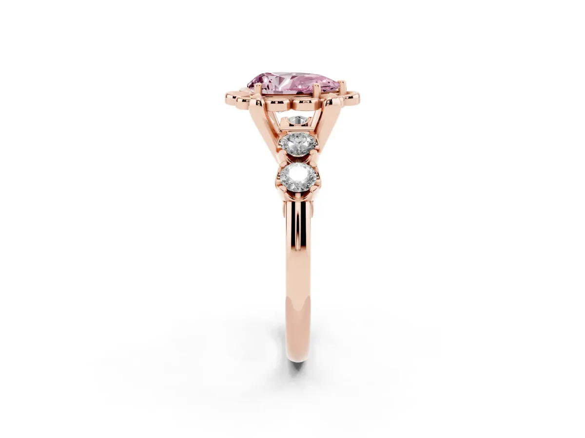 Fancy Pink Pear Cut Cut Diamond Floral Halo Engagement Ring with Shared Prong Setting Rose gold