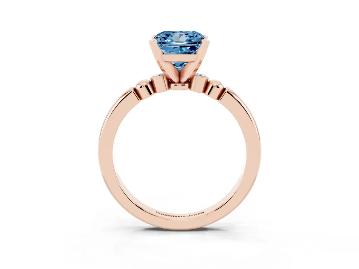 Fancy Blue Princess Cut Solitaire Beaded Band with Four-Prong Setting Rose gold