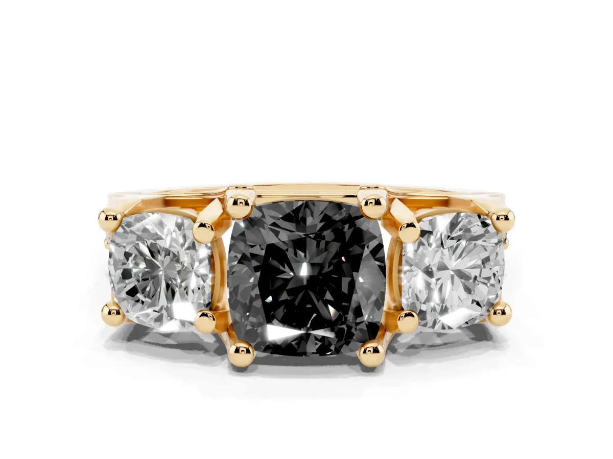 Fancy Black Cushion Cut Diamond Three-Stone Ring with Channel Set Band and Four-Prong Setting Yellow gold