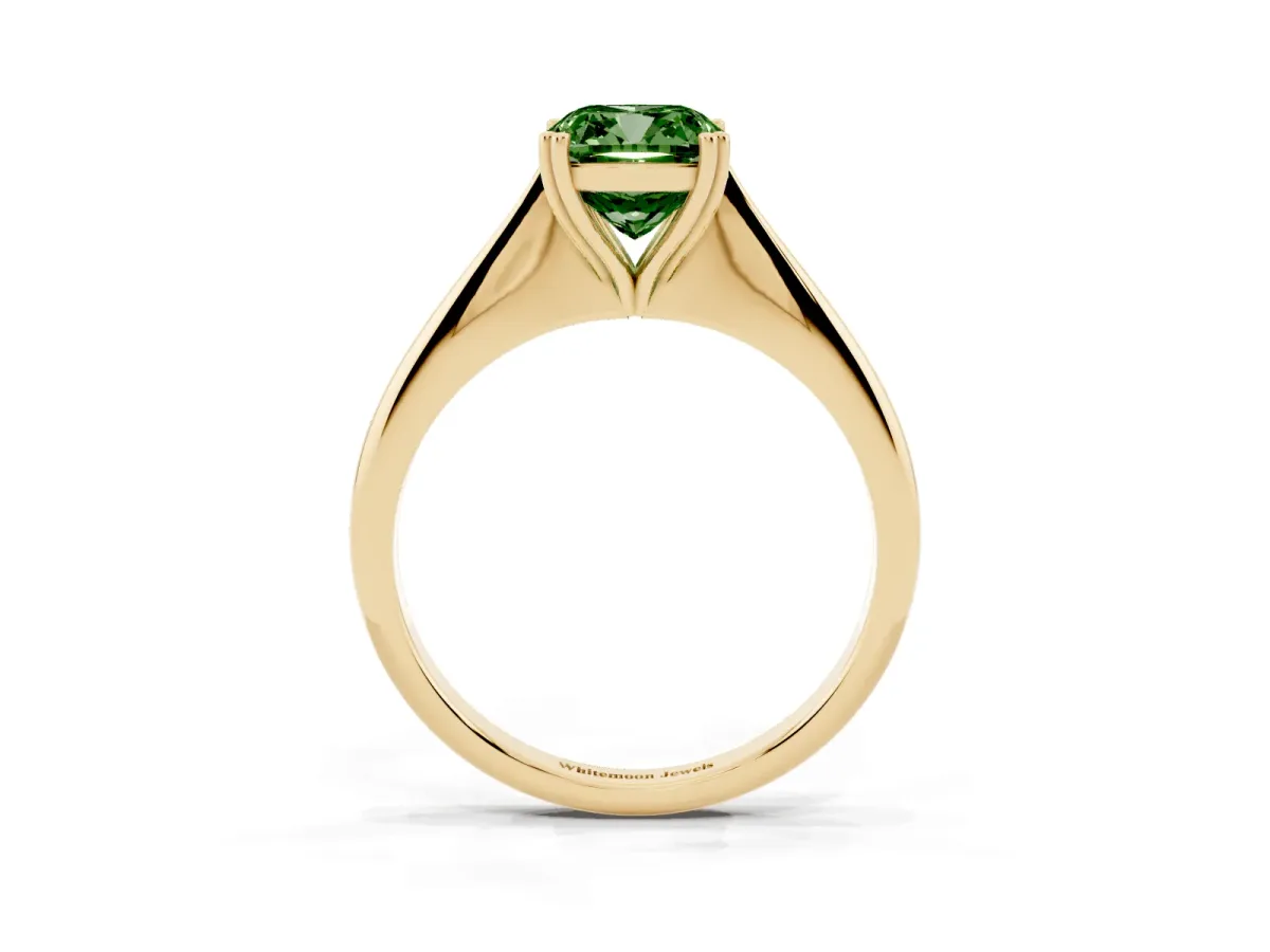 Fancy Green Cushion Cut Solitaire Diamond Ring with Six-Prong Setting and Classic Band Yellow gold
