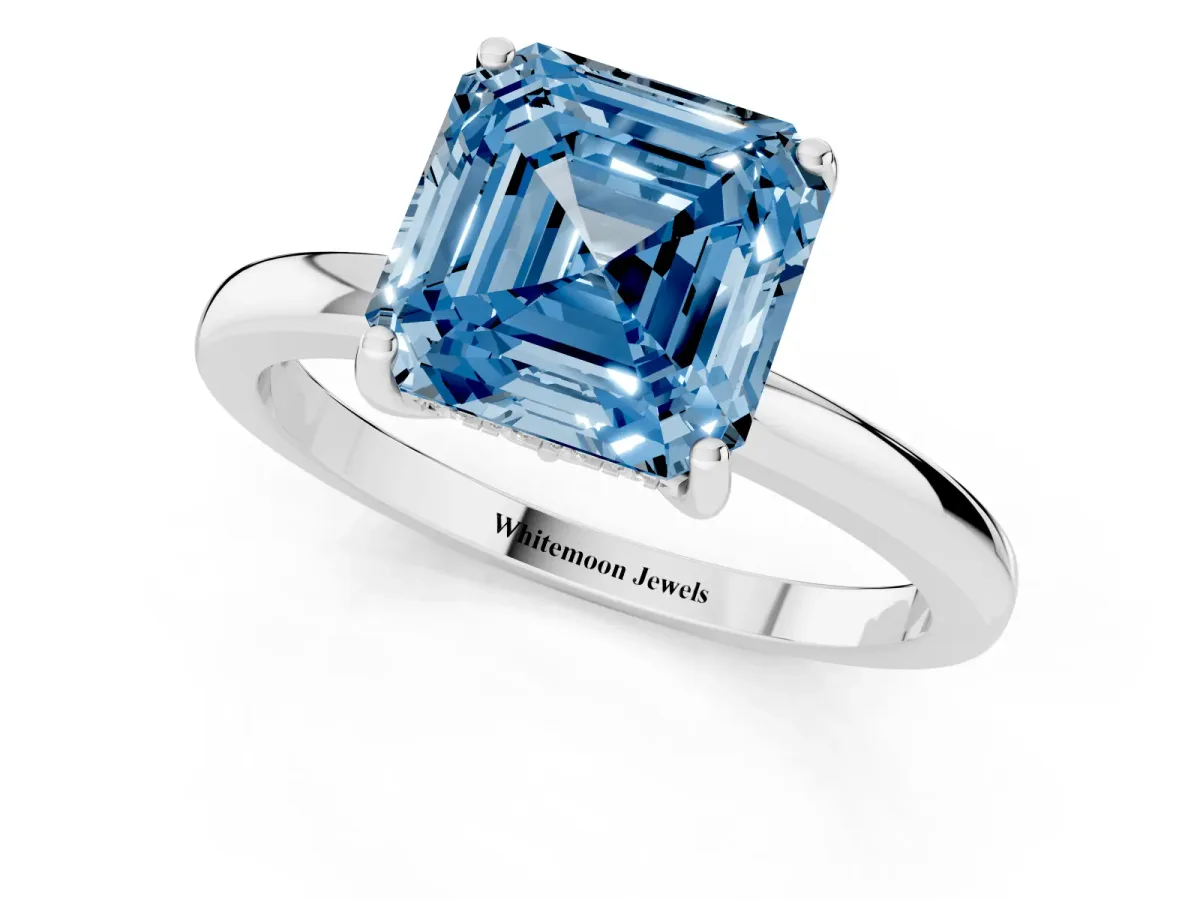Fancy Blue Asscher Cut Solitaire Diamond Ring with Prong Setting and Plain Band Silver