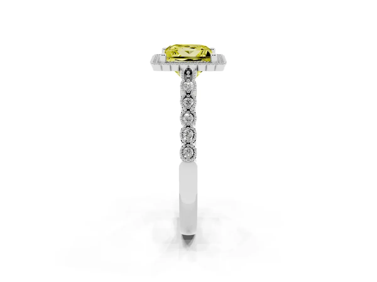 Fancy Yellow Princess Cut Cut Halo Pavé Solitaire Ring with Milgrain Band Platinum