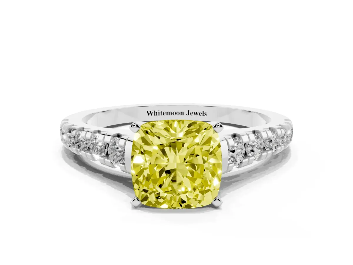 Fancy Yellow Cushion Cut Diamond Cathedral Solitaire Ring with Round Pavé Band Silver