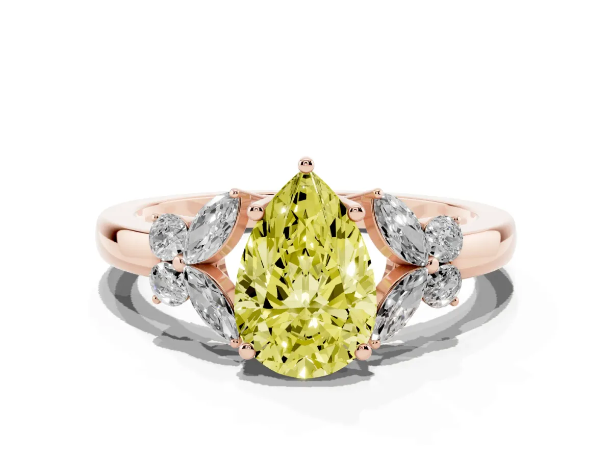 Fancy Yellow Pear Cut Cut Solitaire Floral Diamond Ring with Four-Prong Setting Rose gold