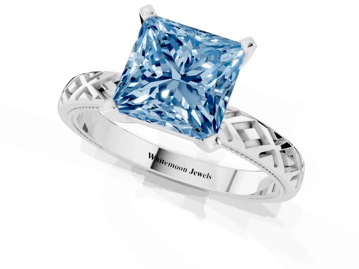 Fancy Blue Princess Cut Solitaire Diamond Ring with Milgrain and Black Enamel X Pattern Band Silver