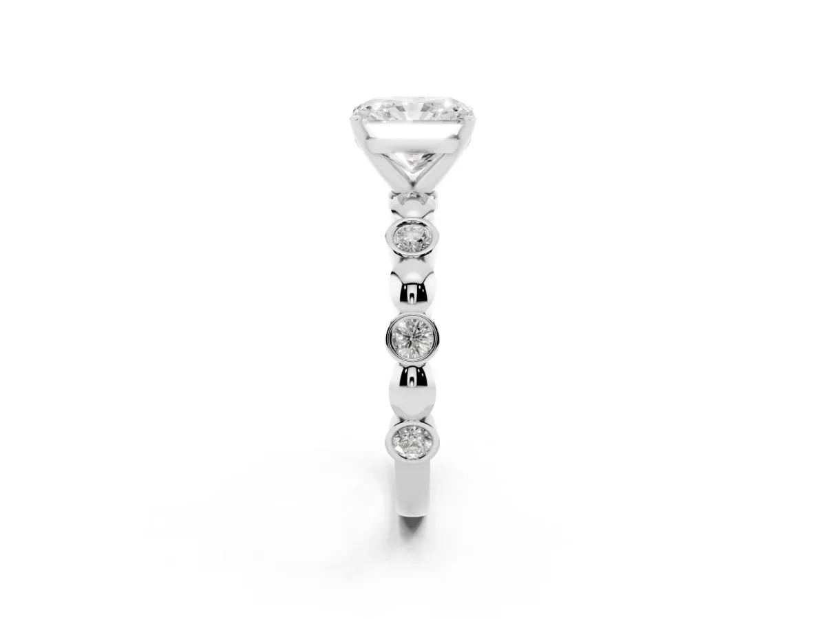 Radiant Cut Solitaire Bezel-Set Diamond Ring with Beaded Band and Four-Prong Setting Silver