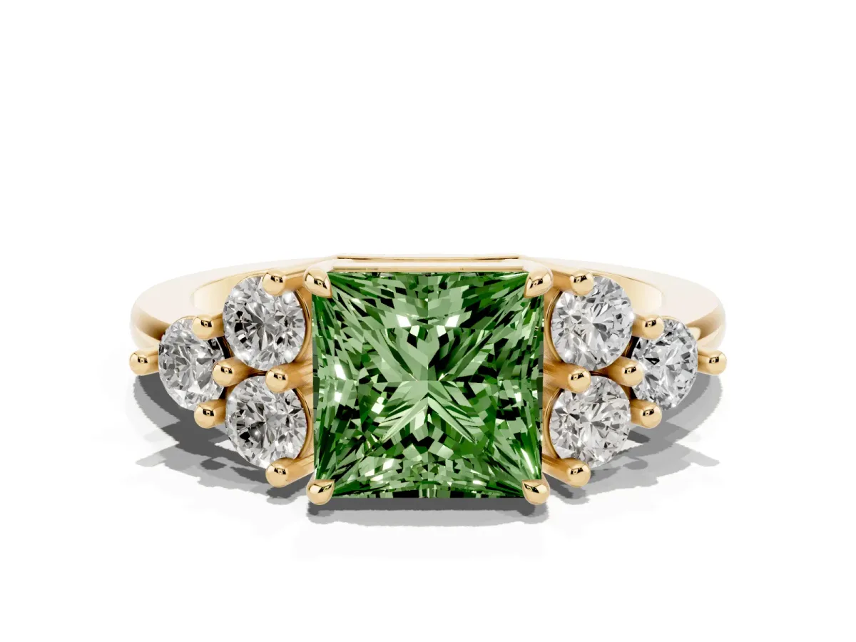 Fancy Green Princess Cut Brilliant Diamond Cluster Accent Solitaire Ring with Prong Setting Yellow gold