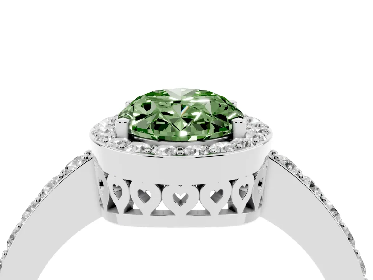 Fancy Green Oval Cut Halo Diamond Pavé Band Ring with Prong Setting Silver