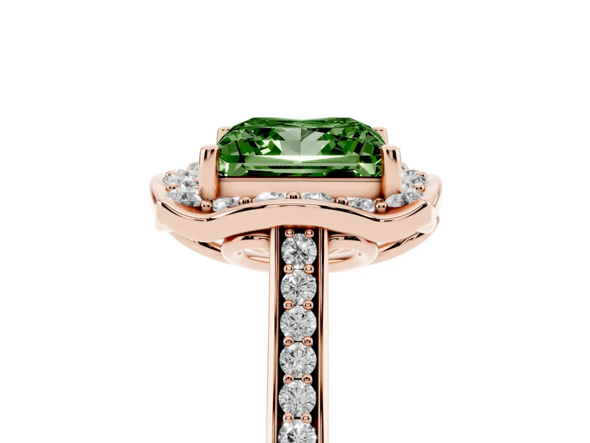Fancy Green Princess Cut Halo Round Diamond Pave Band with Four-Prong Setting Rose gold
